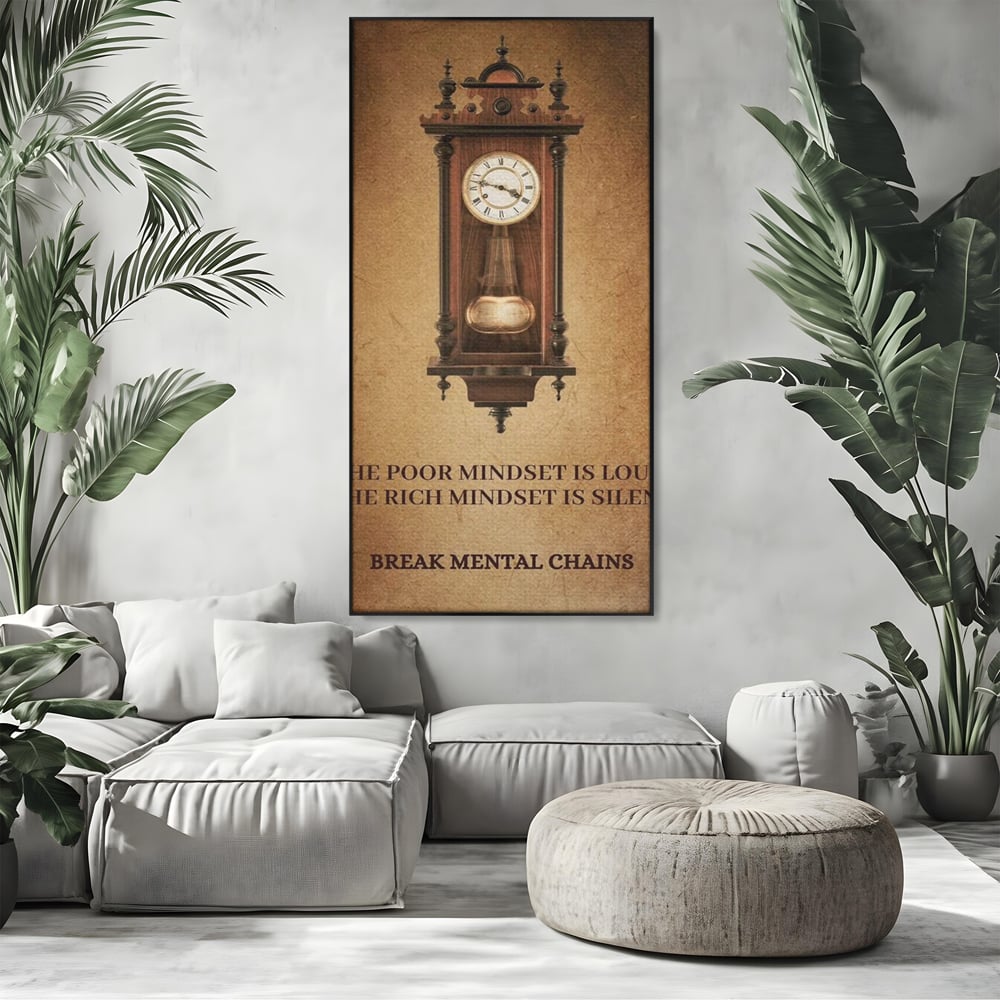 Tablou canvas cu tablou vertical cu ceas pendul vintage si mesaj motivational, in rama de aluminiu negru, pe perete intr-un living